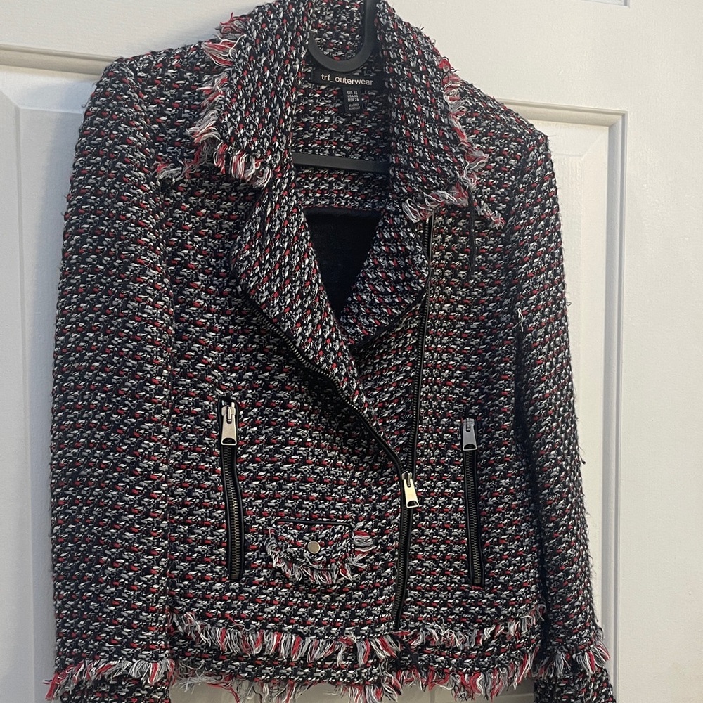 Zara Black and Red Tweed Blazer with Zipper Details